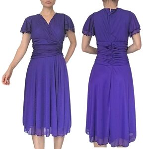 Vintage RORY Purple Draped Mini Dress With Flutter Sleeves And V-Neck Size L